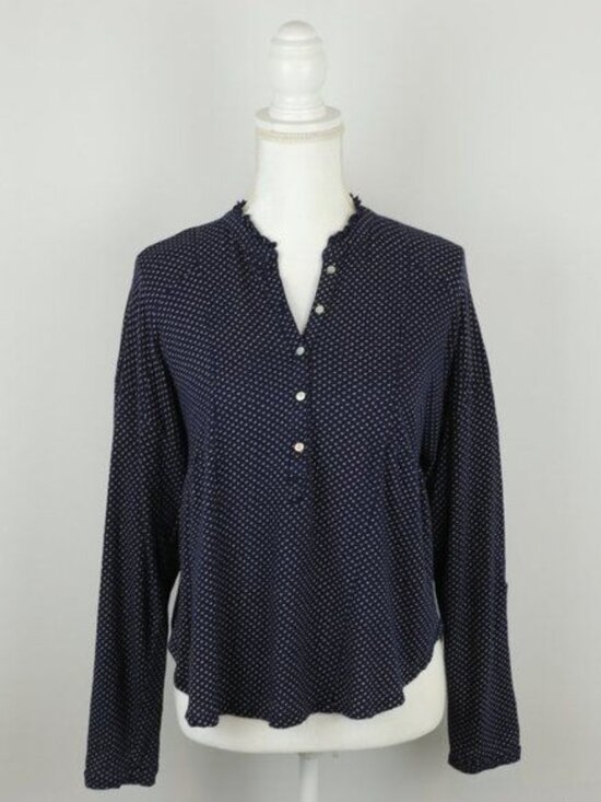 Lucky Brand Women's Small Blue Tan Patterned V-Neck Popover Knit Blouse - Picture 1 of 8